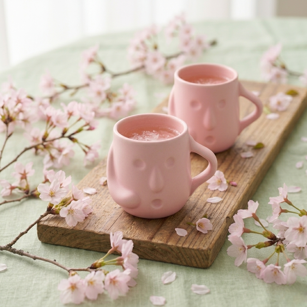 エキュート立川に出店する、ピンクの器に入ったはにわぷりんと桜